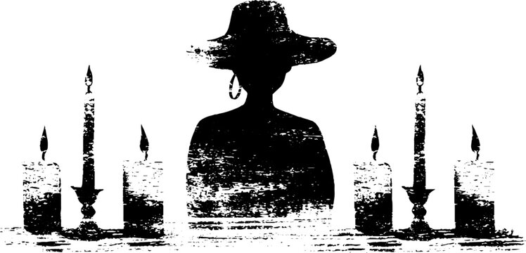 Silhouetted witch with candles high contrast black and white ink illustration for halloween poster background design