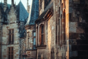 Fototapeta premium gothic stone architecture with pointed roofs, arched windows, intricate masonry and warm sunlight highlighting the textured historic facade in a timeless elegant composition