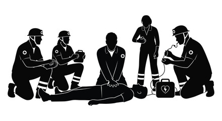 Emergency medical team providing aid to a patient on the ground depicted in a striking black silhouette high quality professional detailed © rabbivay