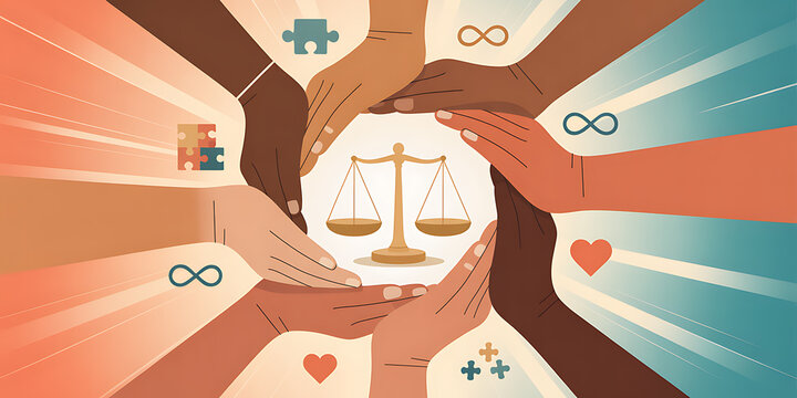 Diversity, equality, justice concept. Multiracial hands holding scales with love, heart symbols