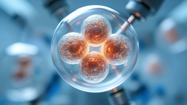 A high-quality capturing a microscopic view of a fertilized egg in a laboratory setting, highlighting the early stages of embryonic development through IVF technology, with a focus on the intricate