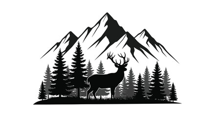 A majestic stag stands before a mountain range and pine forest creating a striking visual silhouette high quality professional detailed modern © rabbivay