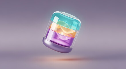 Fototapeta premium A sleek transparent container with vibrant wavy layers of teal, orange, and purple, floating with a subtle glow on a soft purple background.