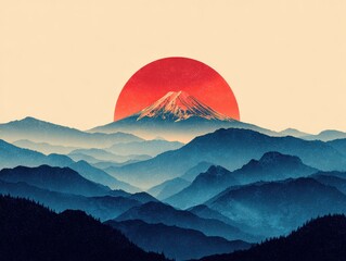Fototapeta premium Serene Japanese landscape. Multi-layered mountains in blues, central Mt. Fuji with a large, clean red sun behind it
