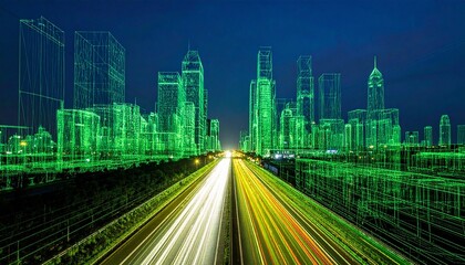 Fototapeta premium Futuristic wireframe cityscape with highway light trails at night