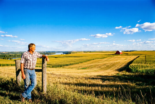Farmer leaning on wooden fence looking over vast golden wheat fields and river.