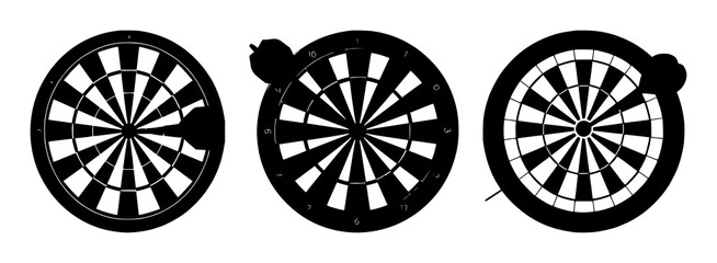 Fototapeta premium Dart and dartboard set with bold black silhouette against clean white background featuring darts, target, sport with precision and competition