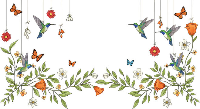 Artistic Vector Illustration Set of Hummingbirds and Butterflies with Hanging Flowers Featuring Vibrant Birds Flying Amidst Blooming Roses and Lush Decorative Floral Vine Borders