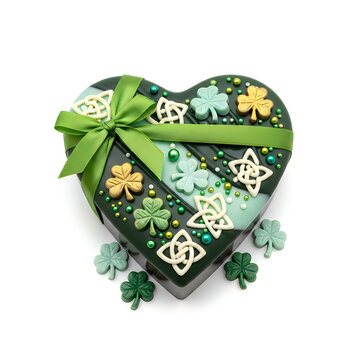 Decorative heart-shaped ornament with irish themes and green accents isolated on white background