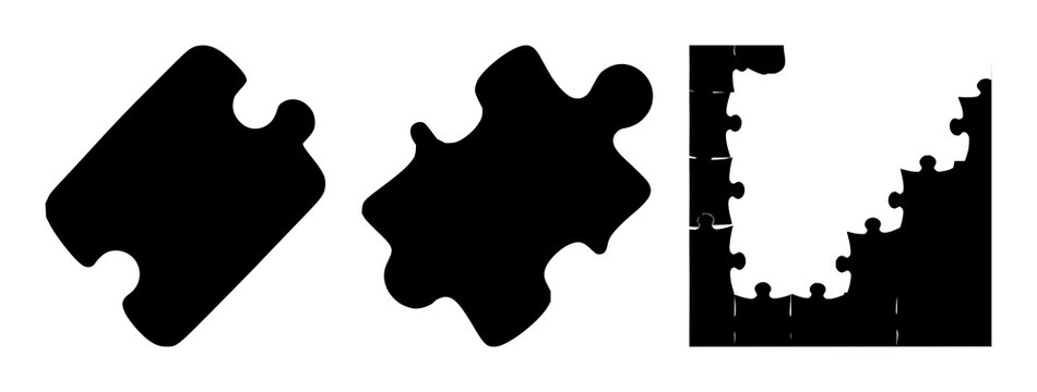 Puzzle piece set with black silhouette against white background featuring puzzle icon, game element, abstract shape with minimalist style and vector illustration