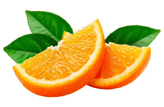 Fresh Orange Slices with Green Leaves on Transparent Background