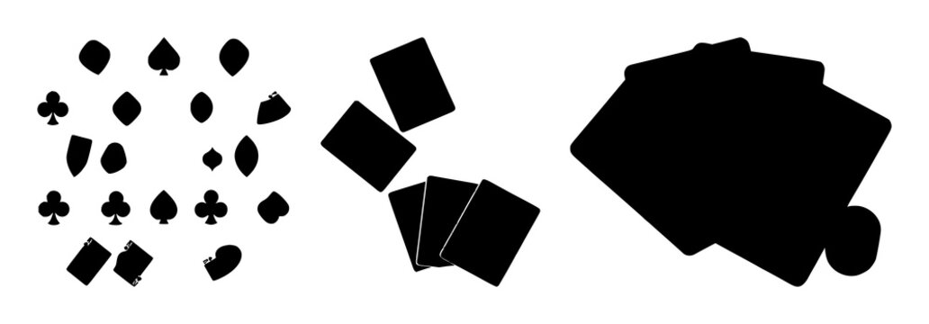 Playing cards set with black silhouette, white background featuring card symbols, black graphic, white backdrop with illustration and design