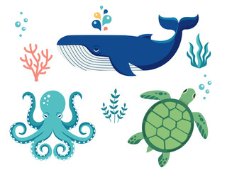 Fototapeta premium Cute sea animals collection: whale, octopus, turtle and marine plants. Flat vector illustration isolated on white background