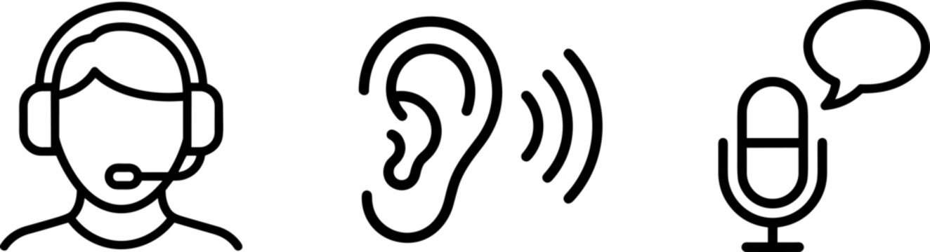 A set of three simple line icons on a white background depicting a person wearing a headset, a human ear with sound waves, and a microphone with a speech bubble, representing communication and audio c
