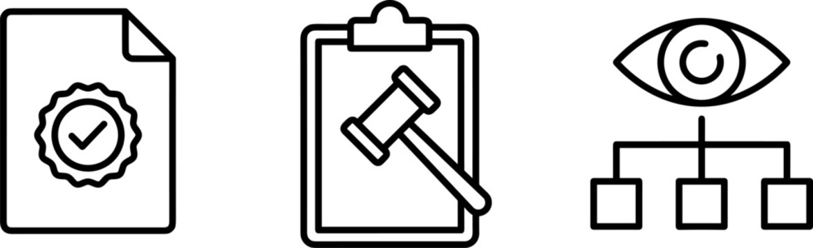 A black and white line drawing of three icons a document with a checkmark a clipboard with a gavel and an eye with a flowchart in a row