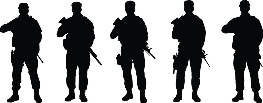 Military soldier silhouettes with rifles standing poses, armed forces personnel for defense security and combat training themes