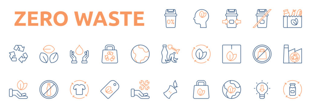 Zero Waste icon set color outline style with eco thinking, waste sorting, no waste, eco groceries, organic waste, sustainability icons