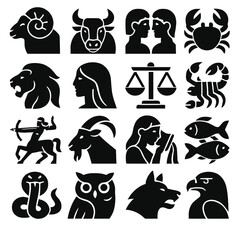 Obraz premium Collection of twelve zodiac signs and four other animal symbols in silhouette