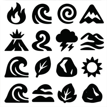 Collection of stylized icons representing the four elements and nature symbols