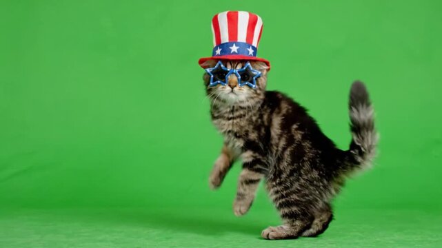 Funny dancing cat wearing patriotic Uncle Sam hat and sunglasses on green background celebrating Fourth of July independence day festive concept