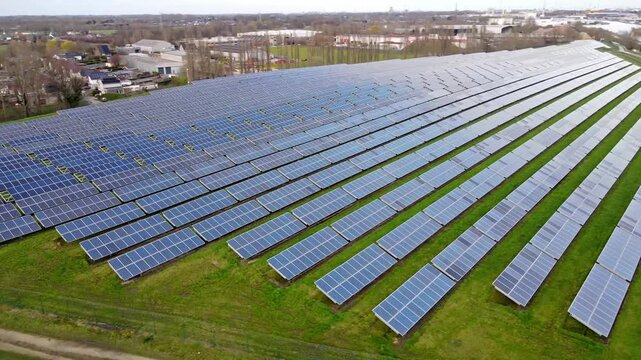 Solar farm rows on green grass under cloudy overcast sky