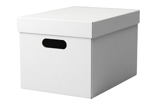 A plain white cardboard storage box with a lid and cutout handle. Isolated on transparent background, png