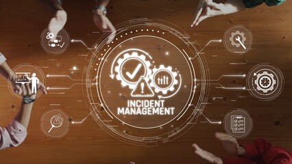 Fototapeta premium Team Collaborating on Incident Management with Gear Icons and Digital Graphics Representing Workflow and Problem Solving in a Modern Workspace Sigmoid
