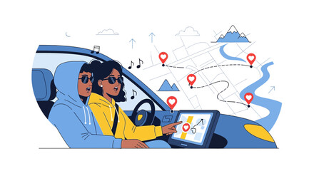 Obraz premium Couple on Road Trip Using Navigation App in Car, Planning Journey