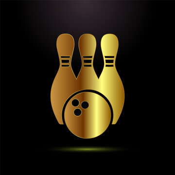 Golden bowling pins and ball with gradient on black.