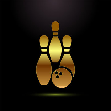Golden bowling pins and ball with metallic sheen.