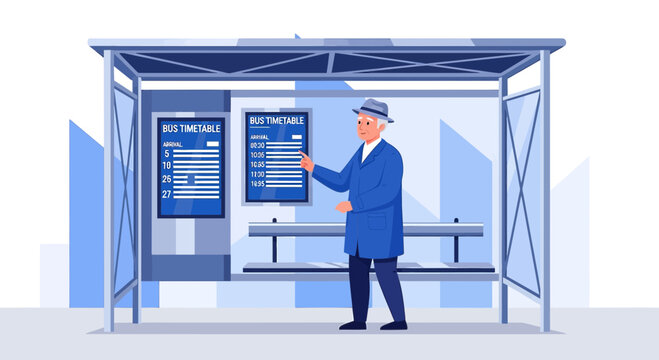 Elderly gentleman consulting a bus timetable at a modern bus stop illustration