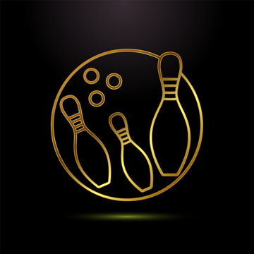 Gold outlined bowling elements inside circular frame.