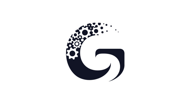 Black gear logo with swirl design.