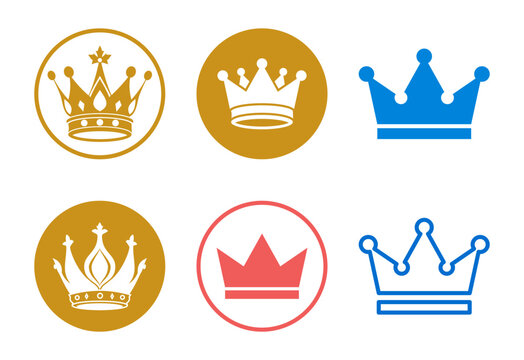 Set of minimalist crown icons in gold blue and red colors on white backgrounds.