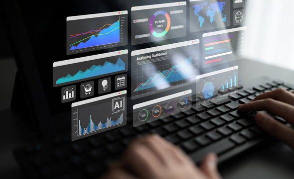 Data dashboards with graphs, charts, maps, and metrics representing global sales analysis and business performance Parse