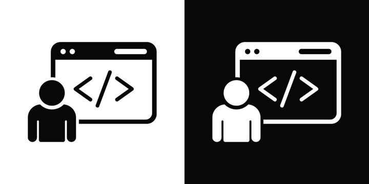 Developer icon showing a user avatar with a code snippet tag inside a browser window, symbolizing web programming, software development, coding skills, and technical support.