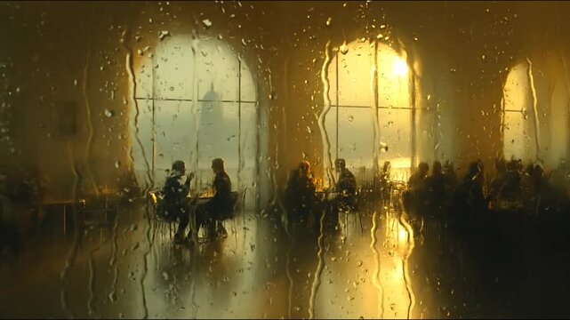 Rainy window view of people in golden lit cafe