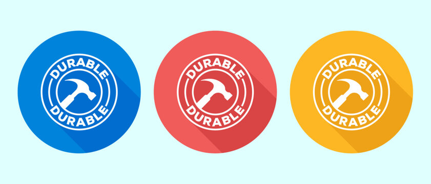 Circular badge with hammer inside durable text for quality assurance and strength.