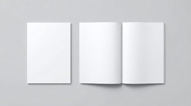 Blank White Magazine Book Brochure Mockup Closed and Open Spread View on Grey Background