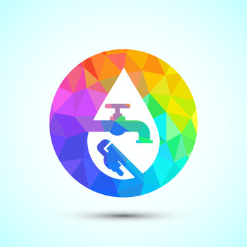 Water saving concept symbol with hand and faucet against colorful abstract background.