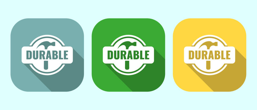 Durable hammer and text symbol on teal rounded square icon with shadow.