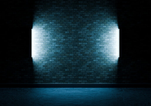 Cinematic blue neon empty room background with brick wall and concrete floor, futuristic sci-fi stage with twin glowing light bars, vertical spotlights for product mockup. 3D Rendering