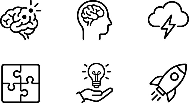 A set of six minimalist line art icons on a white background, featuring a brain with sparks, a human head in profile with a brain visible, a cloud with a lightning bolt, a puzzle with two pieces, a ha