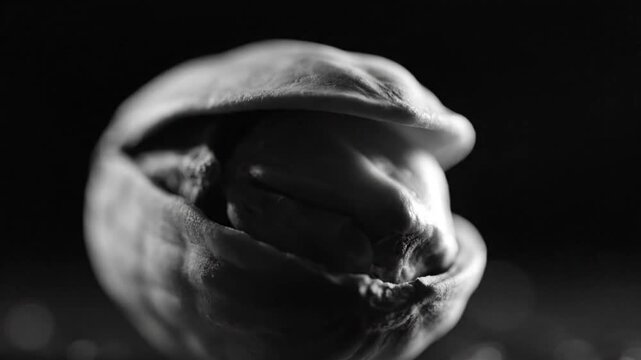 Black and white macro shot of a single cracked pistachio nut revealing the edible kernel