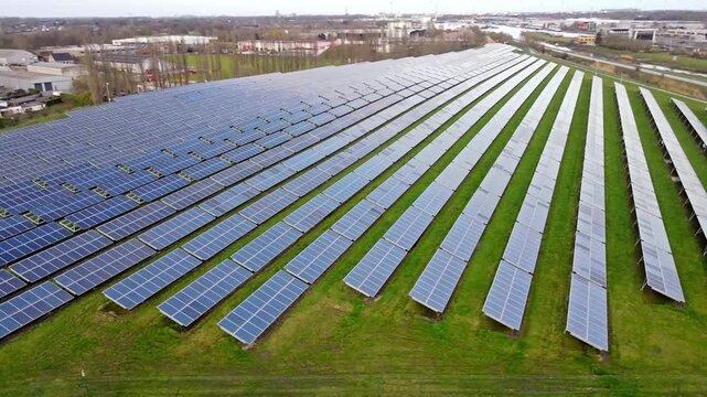 Drone glides along parallel rows of solar panels on green grass