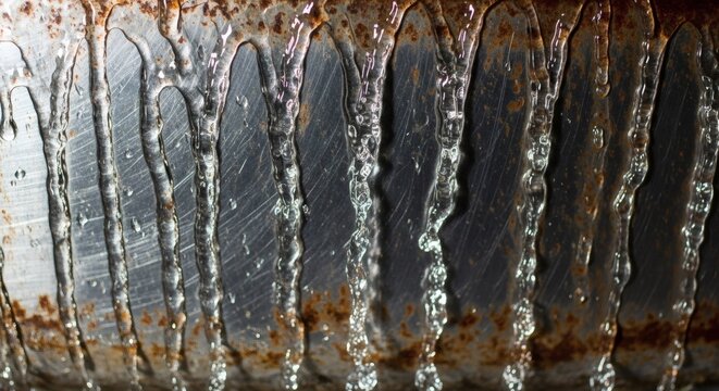A close-up view of water dripping down a rusty metal surface with a textured background