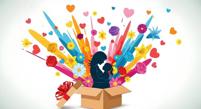 Mother and child silhouette exploding from gift box with vibrant confetti
