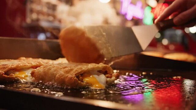 Close-up of crispy fried empanadas with runny egg on a hot griddle at a street food market