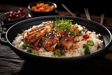 Fototapeta premium Glazed teriyaki chicken served over white rice with fresh vegetables and sesame seeds