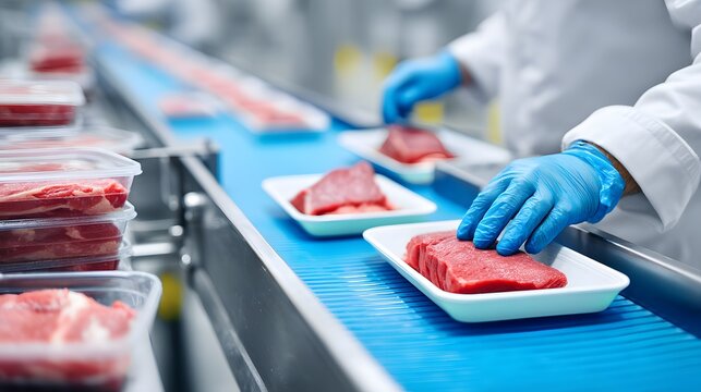 Food processing facility shows workers handling meat